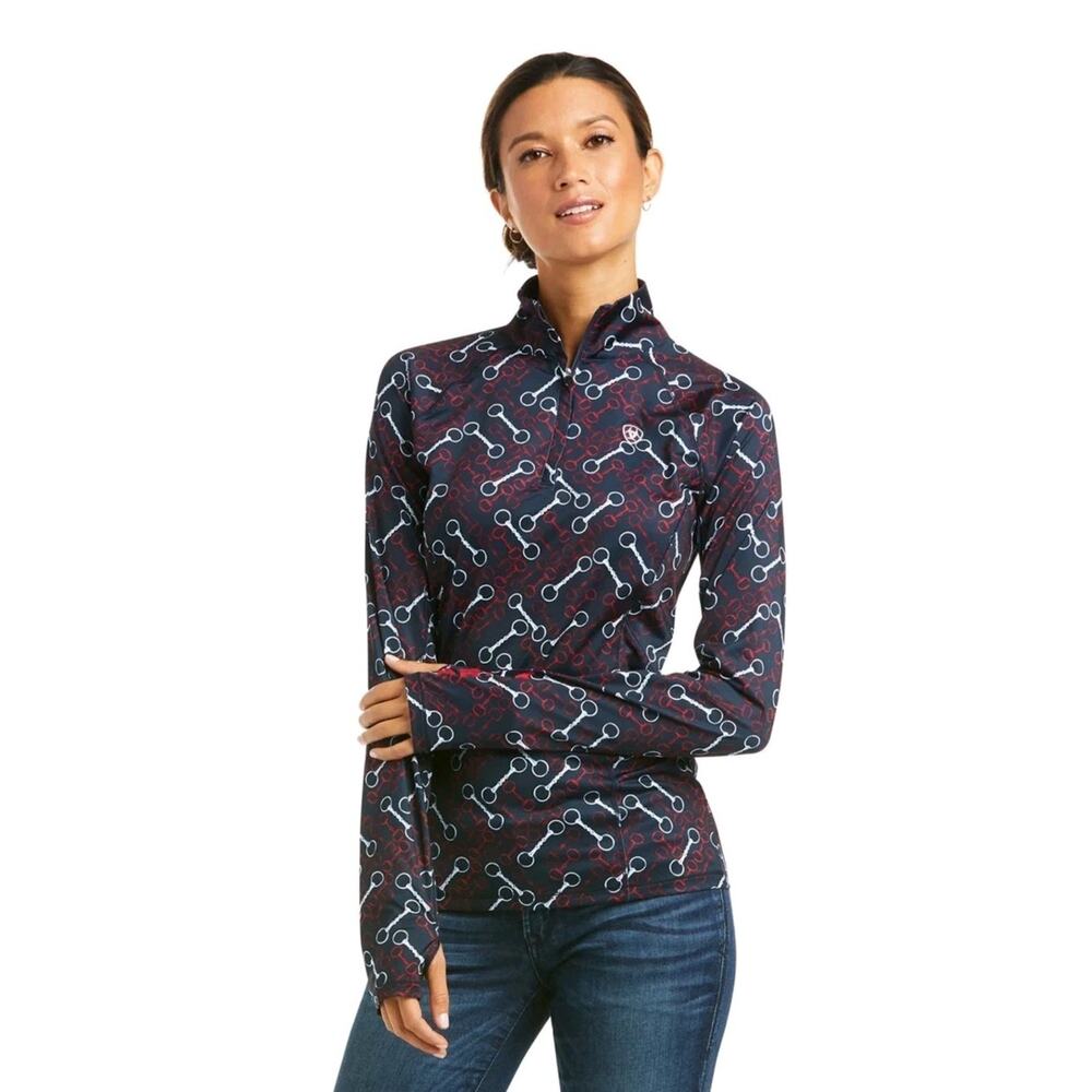 Ariat Lowell 2.0 1/4 Zip Baselayer Women Small Bit And Bridle Blue/ Red